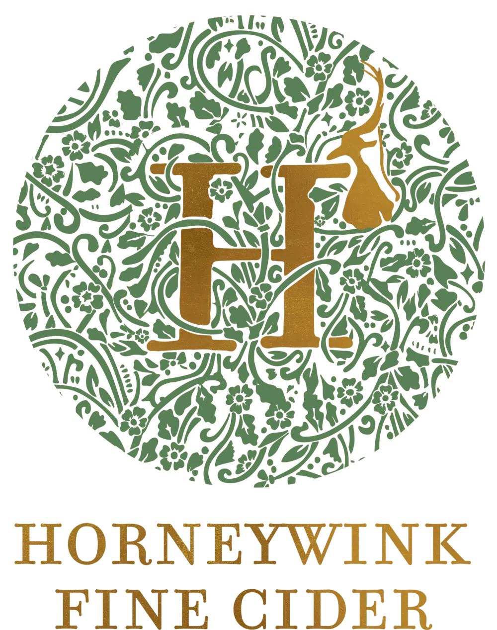Horneywink Fine Cider logo: the gold H and lapwing in a circle of green hedgerow pattern